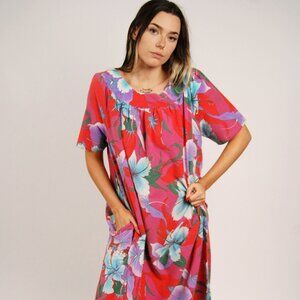 60s Island Shift Dress (2XL) pink hawaiian vintage babydoll retro rockabilly